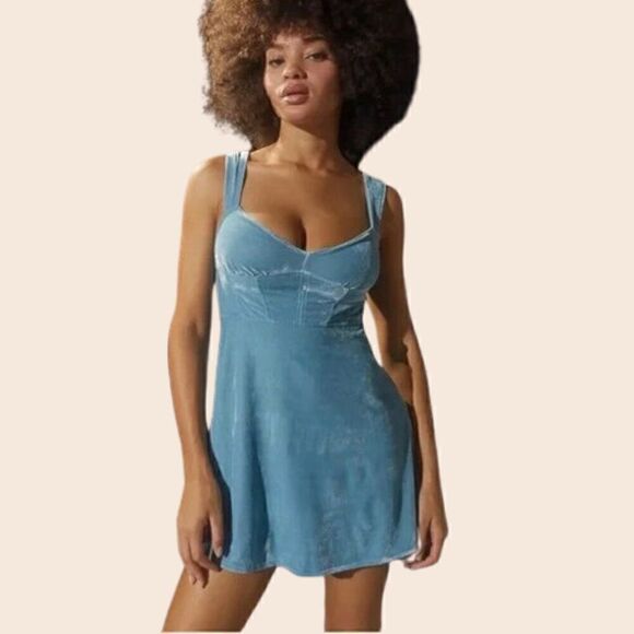 Urban Outfitters Dresses & Skirts - Urban Outfitters Genivieve Blue Velvet Corset Mini Dress Size Large